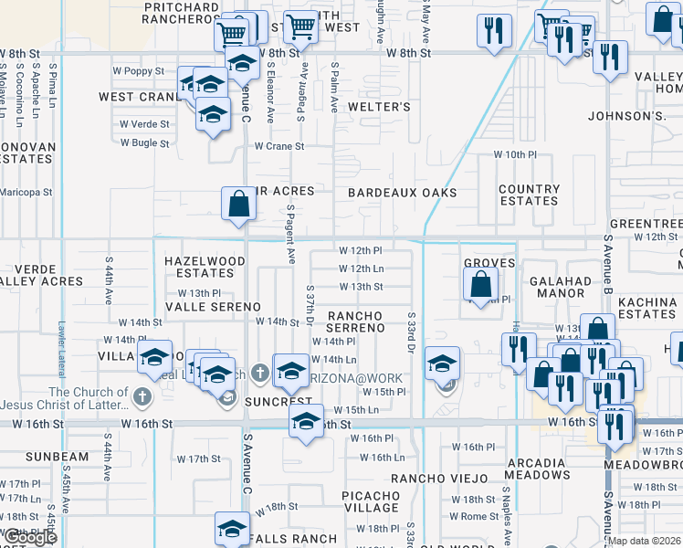 map of restaurants, bars, coffee shops, grocery stores, and more near 3575 West 12th Lane in Yuma