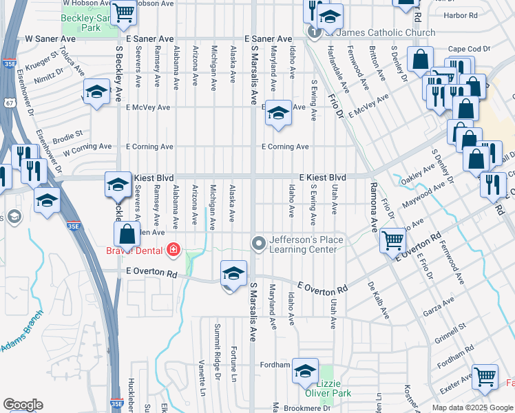 map of restaurants, bars, coffee shops, grocery stores, and more near 3302 South Marsalis Avenue in Dallas
