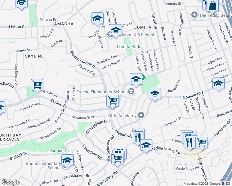 map of restaurants, bars, coffee shops, grocery stores, and more near 8017 Gribble Street in San Diego