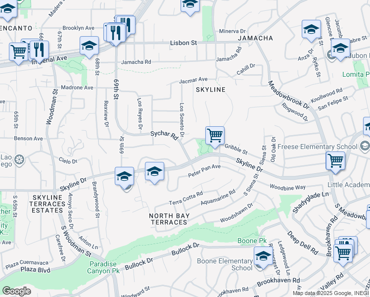 map of restaurants, bars, coffee shops, grocery stores, and more near 159 Sychar Road in San Diego