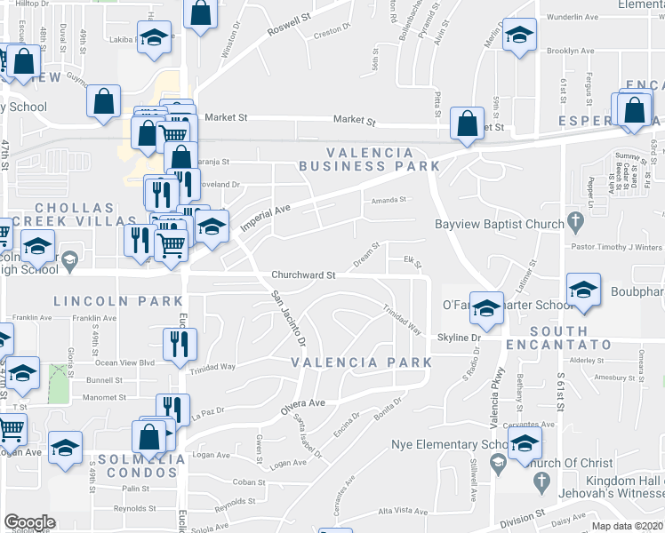 map of restaurants, bars, coffee shops, grocery stores, and more near 5428 Churchward Street in San Diego