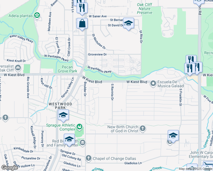 map of restaurants, bars, coffee shops, grocery stores, and more near 3030 West Kiest Boulevard in Dallas