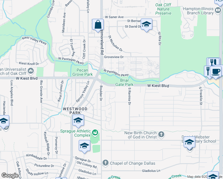 map of restaurants, bars, coffee shops, grocery stores, and more near 3130 Springwood Lane in Dallas