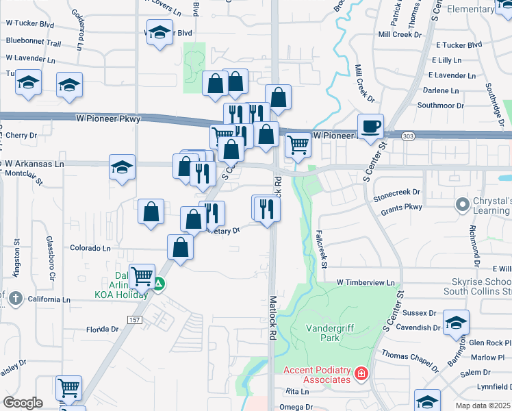 map of restaurants, bars, coffee shops, grocery stores, and more near 2416 Matlock Road in Arlington