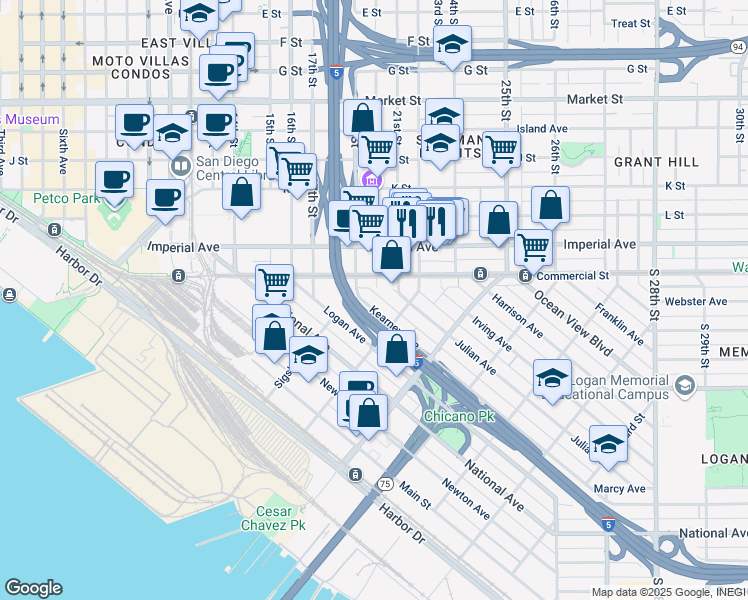 map of restaurants, bars, coffee shops, grocery stores, and more near 1736 Kearney Avenue in San Diego