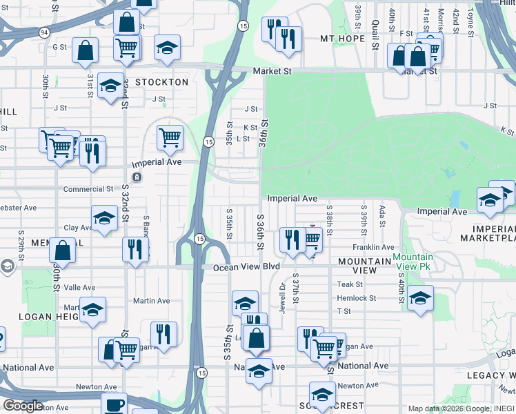 map of restaurants, bars, coffee shops, grocery stores, and more near 212 South 36th Street in San Diego