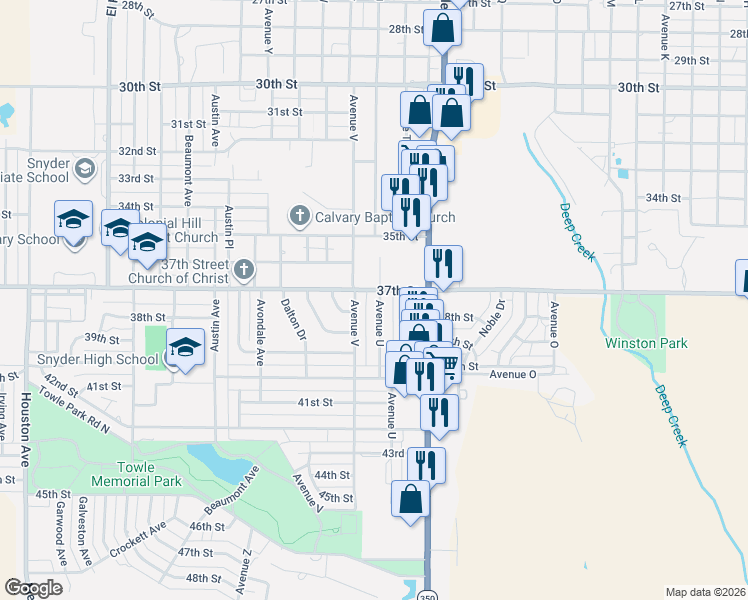 map of restaurants, bars, coffee shops, grocery stores, and more near Farm to Market 1607 in Snyder