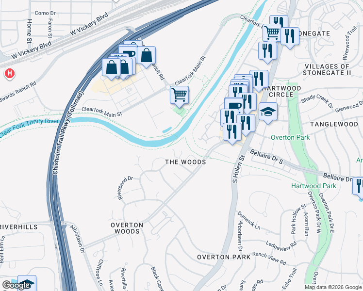 map of restaurants, bars, coffee shops, grocery stores, and more near 4700 Shady Ridge Court in Fort Worth