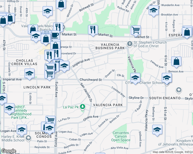 map of restaurants, bars, coffee shops, grocery stores, and more near 5410-16 Churchward Street in San Diego