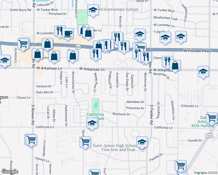 map of restaurants, bars, coffee shops, grocery stores, and more near 2504 Engleford Drive in Arlington