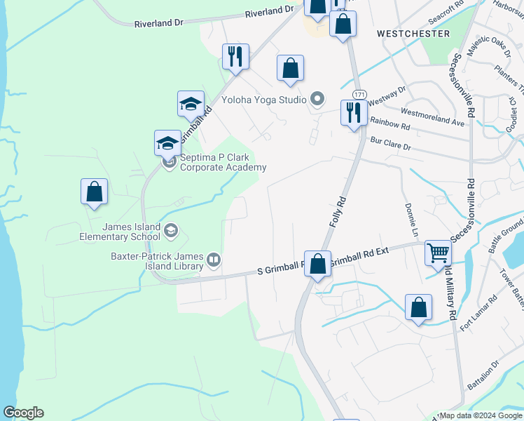 map of restaurants, bars, coffee shops, grocery stores, and more near 1567 Scott Hill Road in Charleston