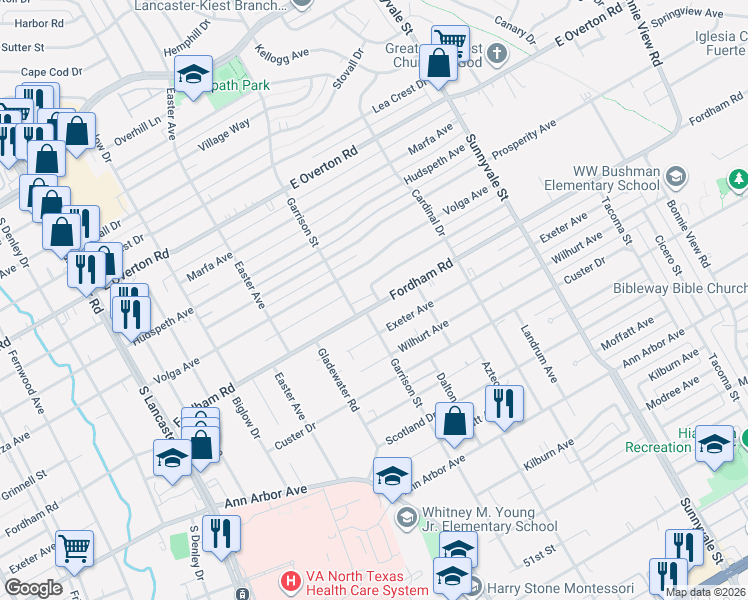 map of restaurants, bars, coffee shops, grocery stores, and more near 2323 Fordham Road in Dallas