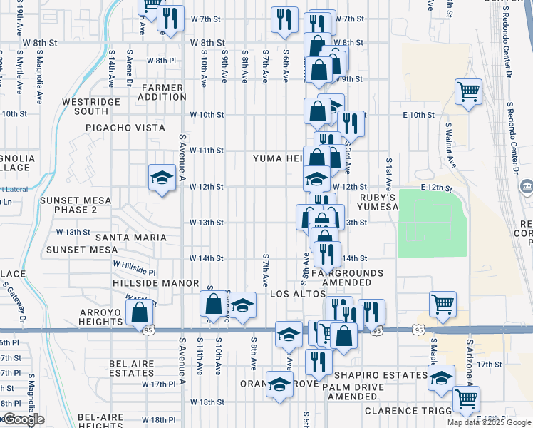 map of restaurants, bars, coffee shops, grocery stores, and more near 1288 South 7th Avenue in Yuma