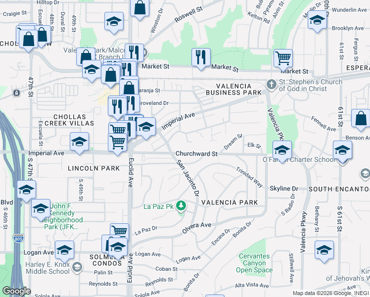 map of restaurants, bars, coffee shops, grocery stores, and more near 125 San Jacinto Drive in San Diego