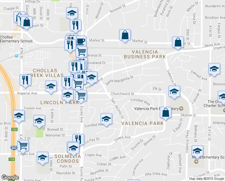 map of restaurants, bars, coffee shops, grocery stores, and more near 125 San Jacinto Drive in San Diego