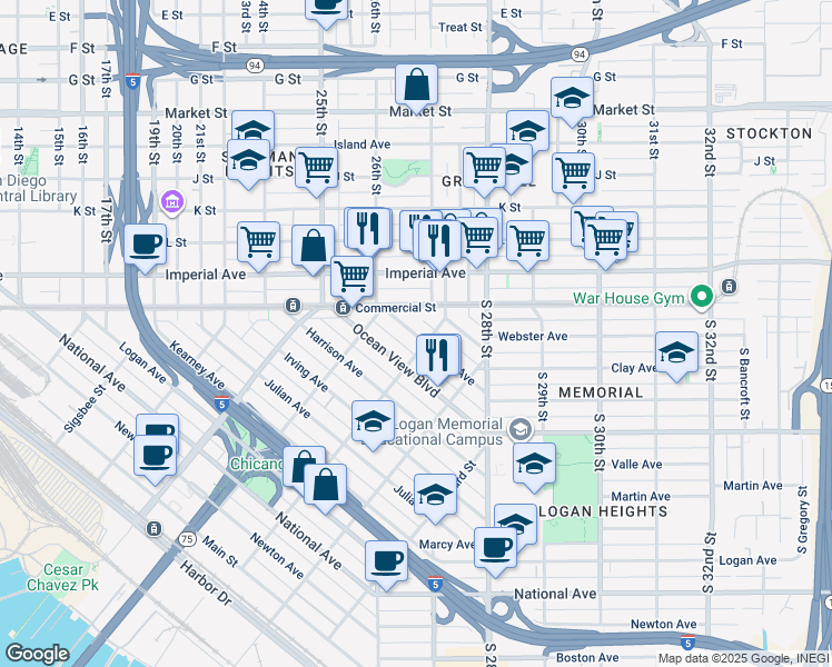 map of restaurants, bars, coffee shops, grocery stores, and more near 2076 Franklin Avenue in San Diego