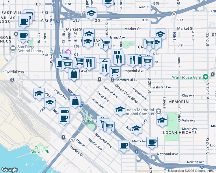 map of restaurants, bars, coffee shops, grocery stores, and more near 1967 Ocean View Boulevard in San Diego