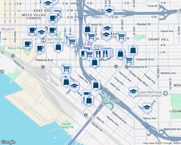 map of restaurants, bars, coffee shops, grocery stores, and more near 1749 Julian Avenue in San Diego