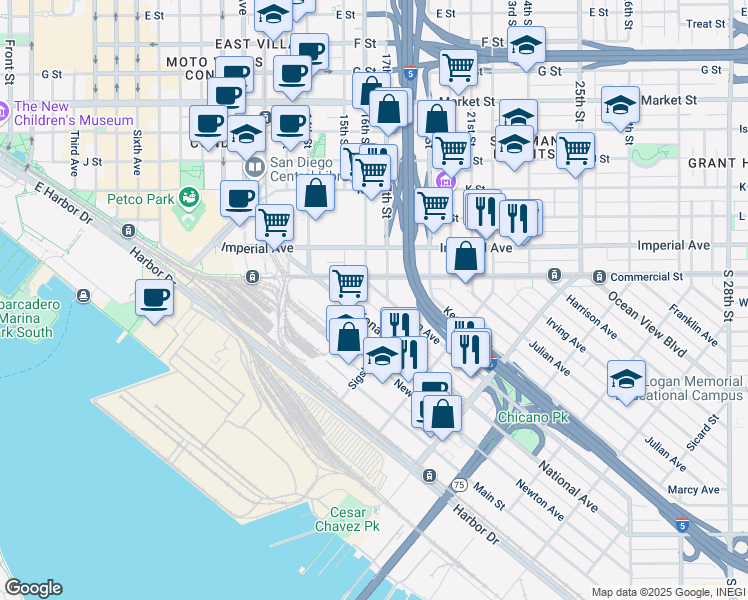 map of restaurants, bars, coffee shops, grocery stores, and more near 34 17th Street in San Diego