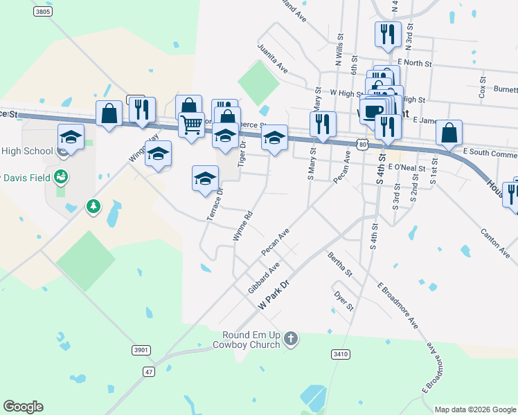 map of restaurants, bars, coffee shops, grocery stores, and more near 526 Wynne Road in Wills Point