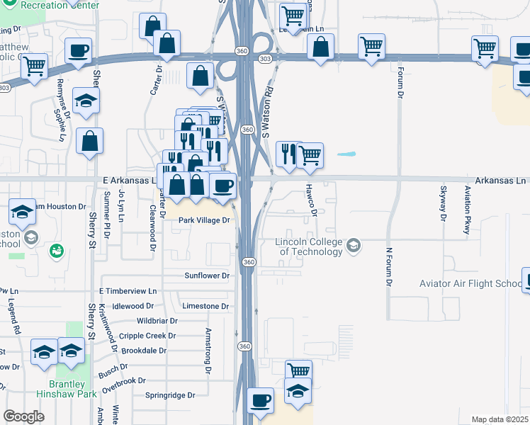 map of restaurants, bars, coffee shops, grocery stores, and more near 2261 South Watson Road in Arlington