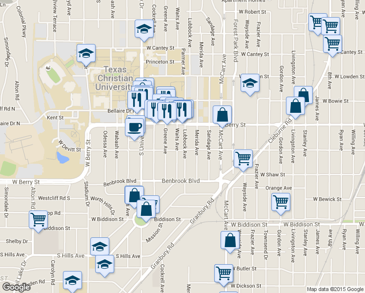 map of restaurants, bars, coffee shops, grocery stores, and more near 3140 Waits Avenue in Fort Worth