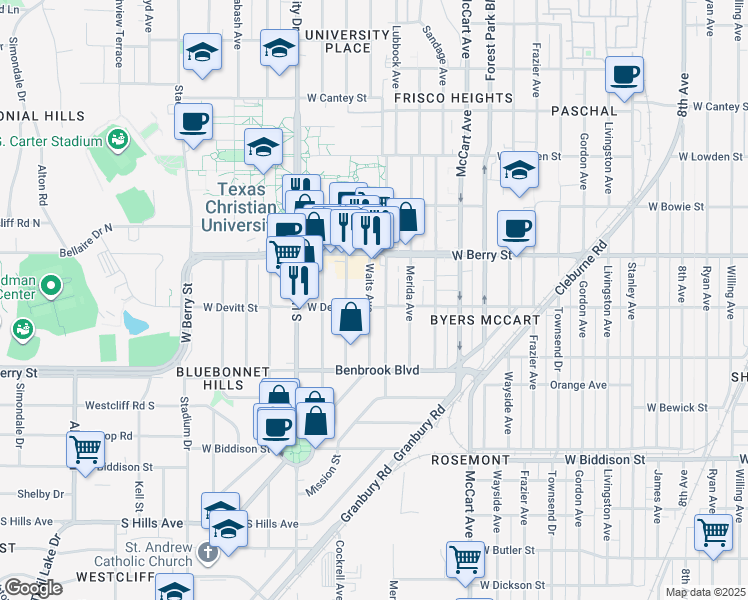 map of restaurants, bars, coffee shops, grocery stores, and more near 3140 Waits Avenue in Fort Worth