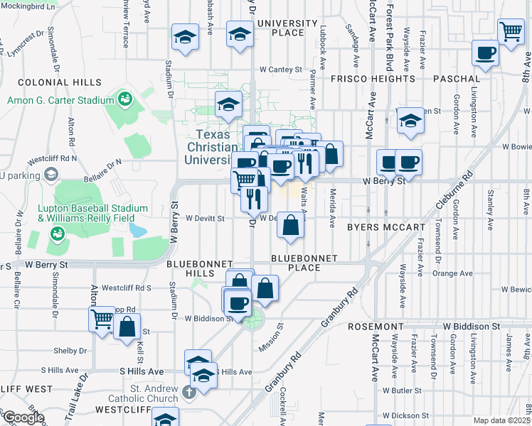 map of restaurants, bars, coffee shops, grocery stores, and more near 3141 Cockrell Avenue in Fort Worth