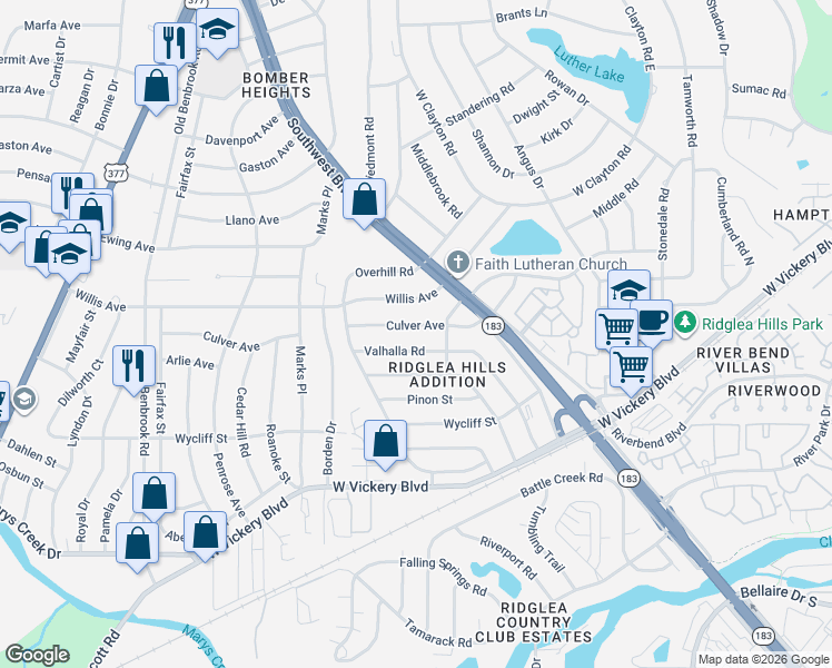 map of restaurants, bars, coffee shops, grocery stores, and more near 7009 Culver Avenue in Fort Worth