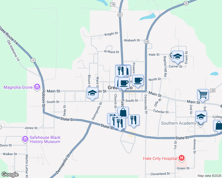map of restaurants, bars, coffee shops, grocery stores, and more near 1506 Main Street in Greensboro
