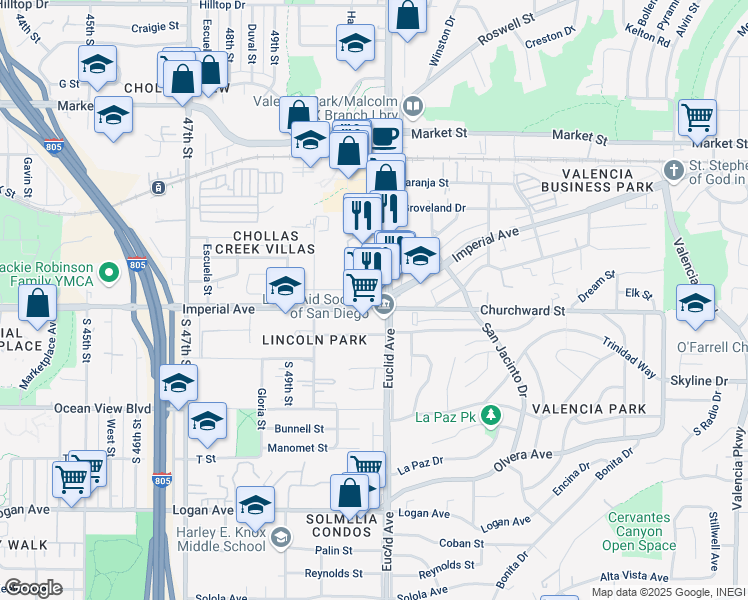 map of restaurants, bars, coffee shops, grocery stores, and more near 5044 Imperial Avenue in San Diego