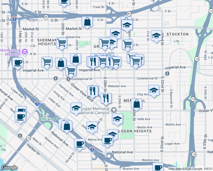 map of restaurants, bars, coffee shops, grocery stores, and more near Webster Avenue in San Diego