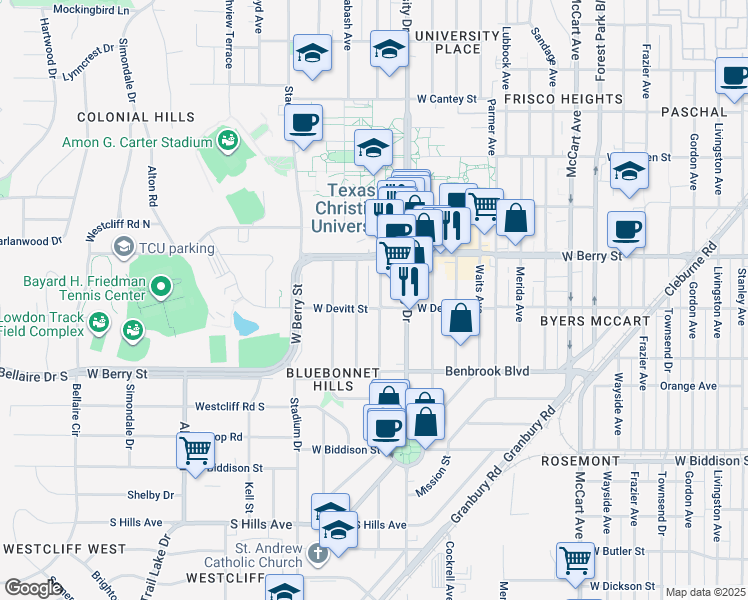 map of restaurants, bars, coffee shops, grocery stores, and more near 3144 Rogers Avenue in Fort Worth