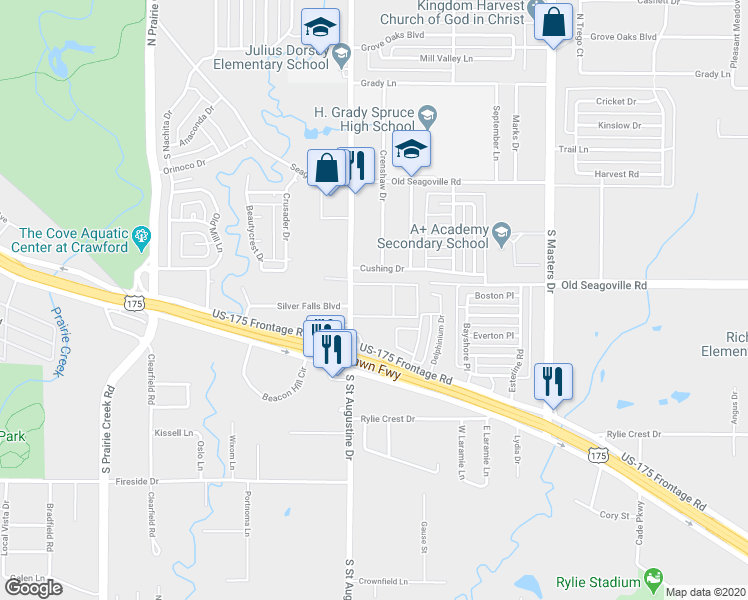 map of restaurants, bars, coffee shops, grocery stores, and more near 442 South Saint Augustine Drive in Dallas