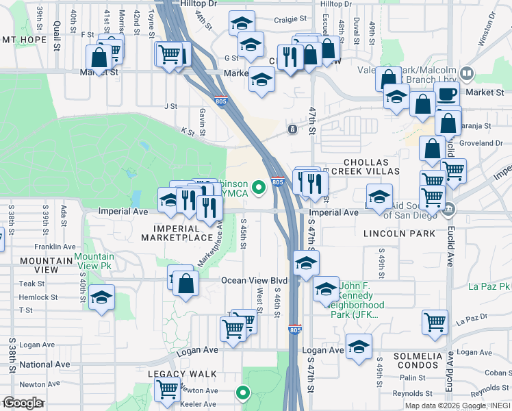map of restaurants, bars, coffee shops, grocery stores, and more near 4560 Imperial Avenue in San Diego