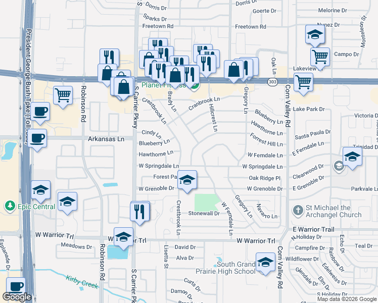 map of restaurants, bars, coffee shops, grocery stores, and more near 542 Forrest Hill Lane in Grand Prairie