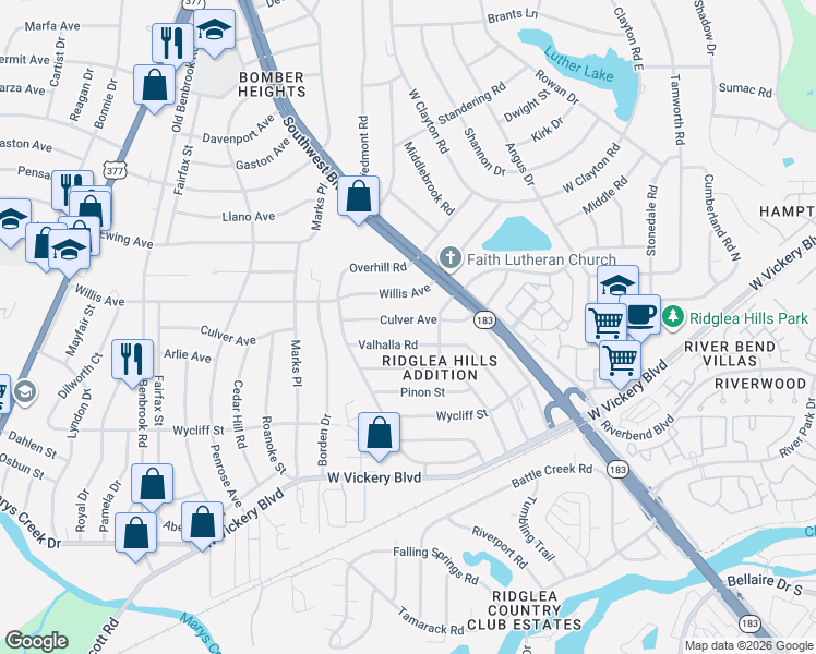 map of restaurants, bars, coffee shops, grocery stores, and more near 7009 Culver Avenue in Fort Worth