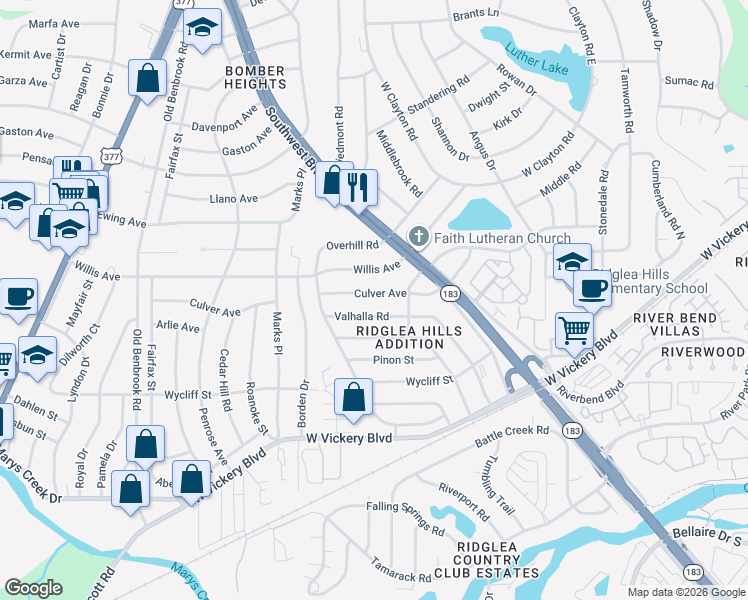 map of restaurants, bars, coffee shops, grocery stores, and more near 7009 Culver Avenue in Fort Worth