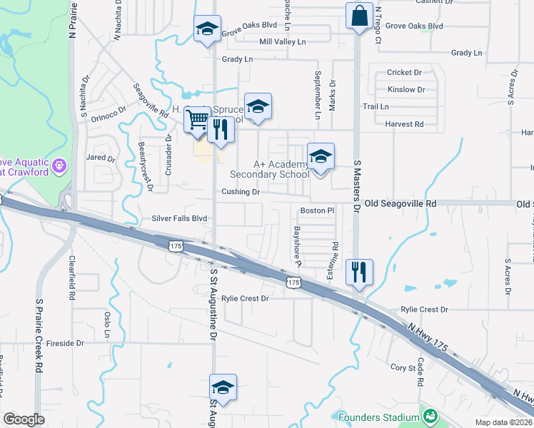 map of restaurants, bars, coffee shops, grocery stores, and more near 503 Delphinium Drive in Dallas