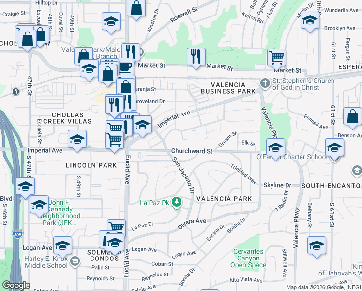 map of restaurants, bars, coffee shops, grocery stores, and more near 5410-16 Churchward Street in San Diego