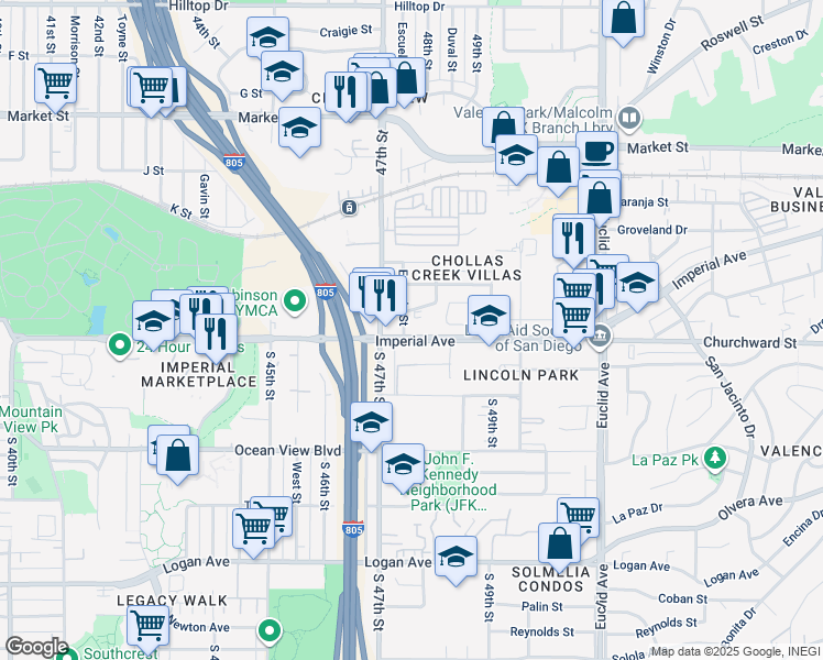 map of restaurants, bars, coffee shops, grocery stores, and more near 4758 Imperial Avenue in San Diego