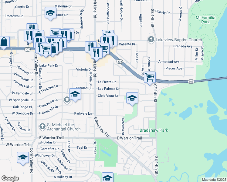 map of restaurants, bars, coffee shops, grocery stores, and more near 1009 Las Palmas Drive in Grand Prairie