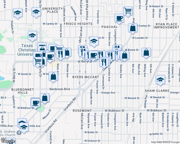map of restaurants, bars, coffee shops, grocery stores, and more near 3140 Wayside Avenue in Fort Worth
