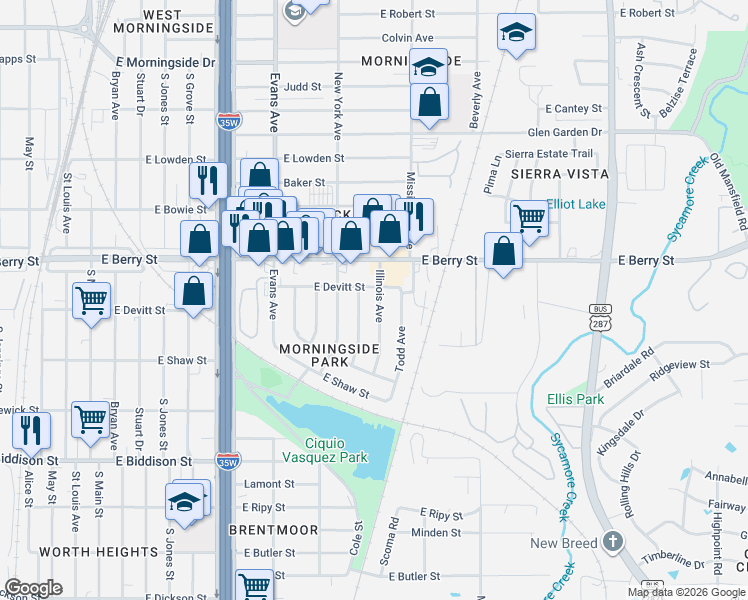 map of restaurants, bars, coffee shops, grocery stores, and more near 3208 Illinois Avenue in Fort Worth