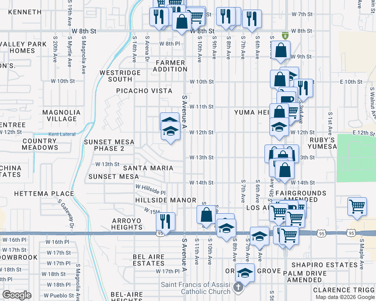 map of restaurants, bars, coffee shops, grocery stores, and more near 1230 South 11th Avenue in Yuma