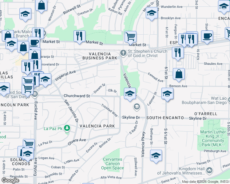 map of restaurants, bars, coffee shops, grocery stores, and more near 5707 Elk Street in San Diego