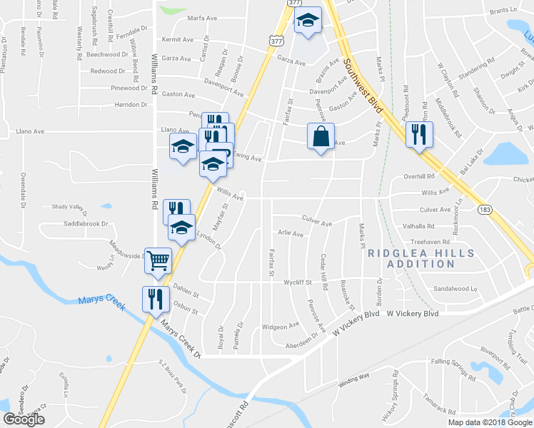 map of restaurants, bars, coffee shops, grocery stores, and more near 4716 Fairfax Street in Fort Worth