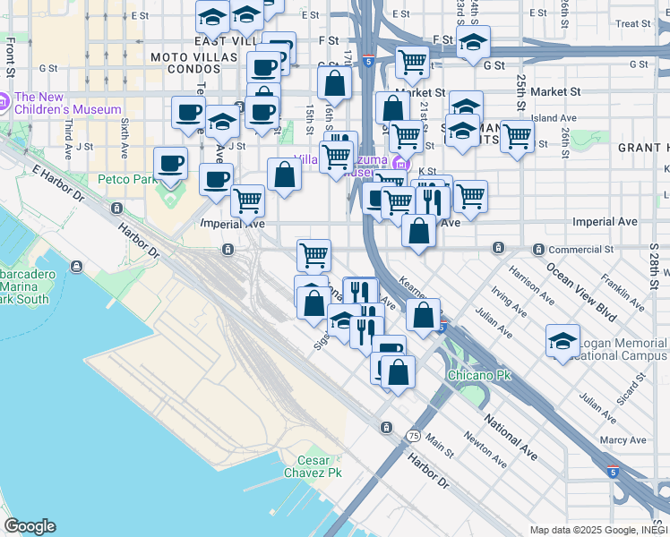 map of restaurants, bars, coffee shops, grocery stores, and more near 1605 Logan Avenue in San Diego