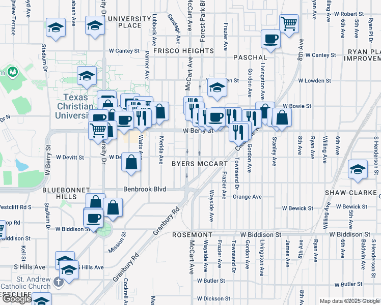 map of restaurants, bars, coffee shops, grocery stores, and more near 3141 McCart Avenue in Fort Worth