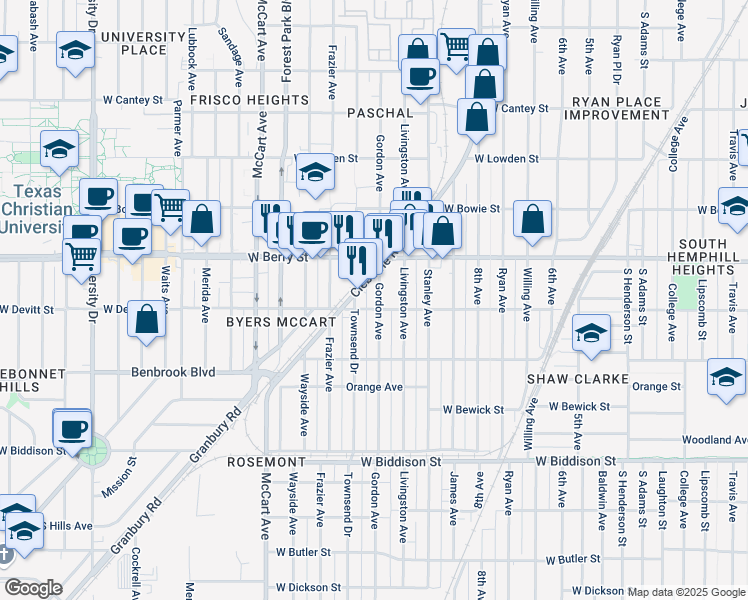 map of restaurants, bars, coffee shops, grocery stores, and more near 3138 Gordon Avenue in Fort Worth